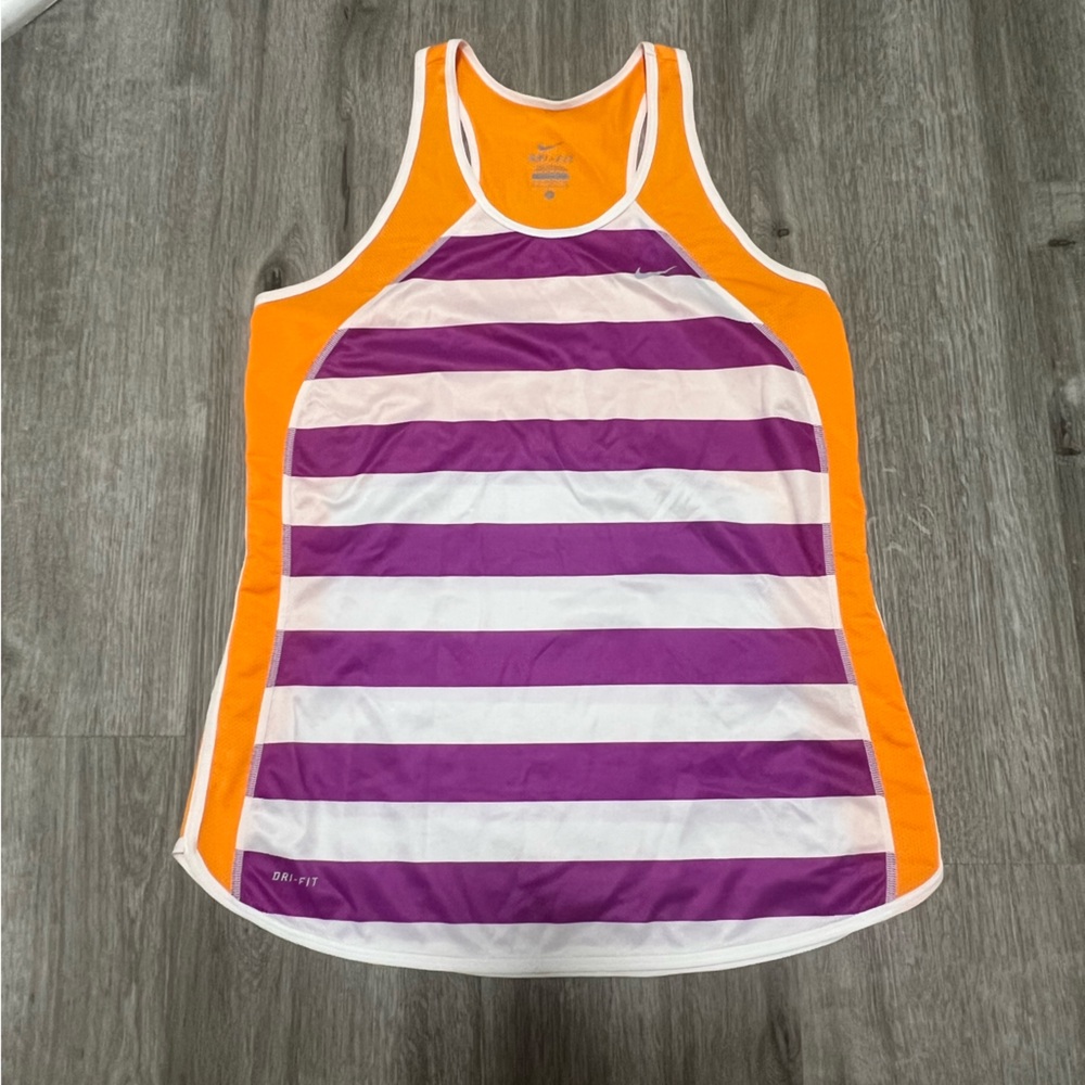 Nike Dri-Fit‎ Purple & White Striped Razorback Tank w/ Orange accents, Women’s M